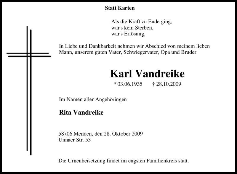  Traueranzeige für Karl Vandreike vom 03.11.2009 aus Tageszeitung