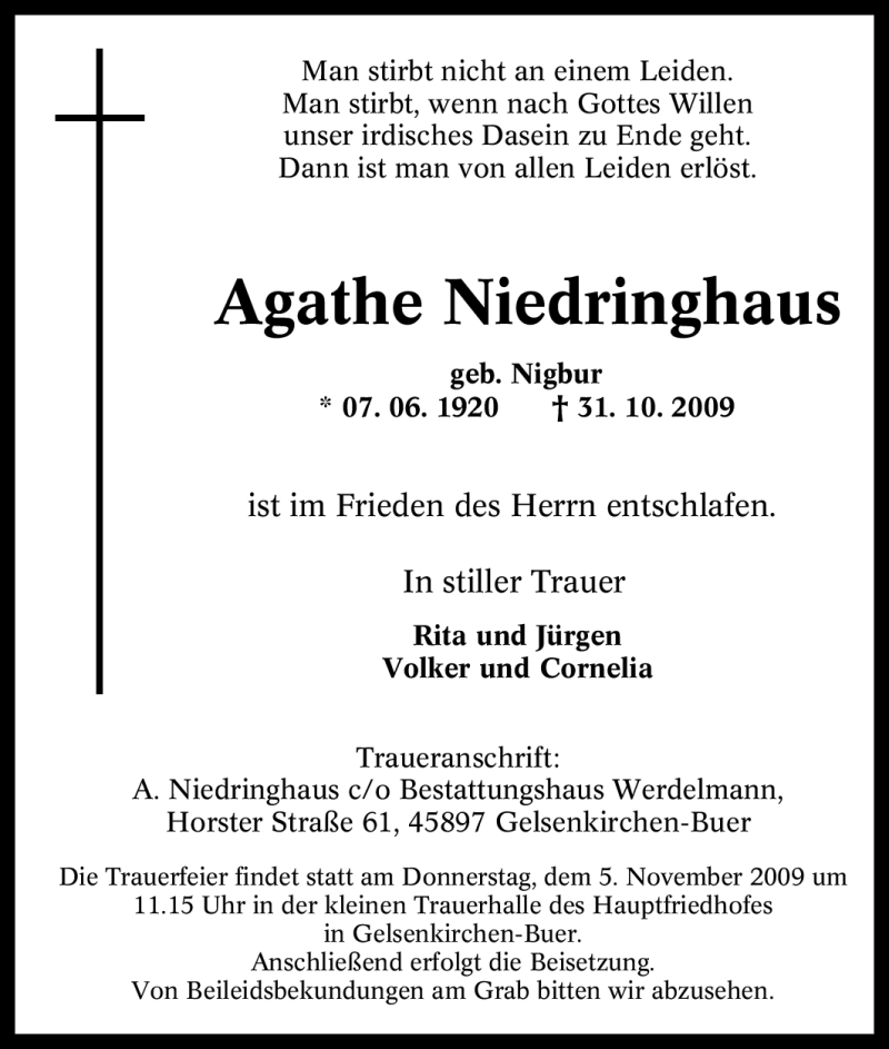  Traueranzeige für Agathe Niedringhaus vom 03.11.2009 aus Tageszeitung