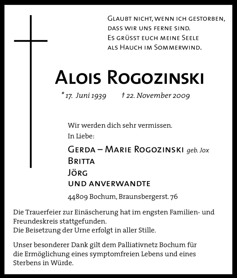  Traueranzeige für Alois Rogozinski vom 28.11.2009 aus Tageszeitung