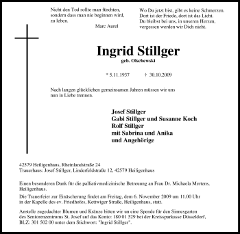 Traueranzeige von Ingrid Stillger von Tageszeitung