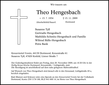 Traueranzeige von Theo Hengesbach von Tageszeitung