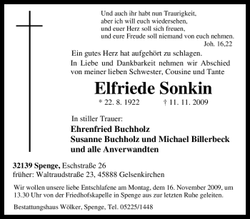 Traueranzeige von Elfriede Sonkin von Tageszeitung