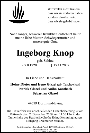 Traueranzeige von Ingeborg Knop von Tageszeitung
