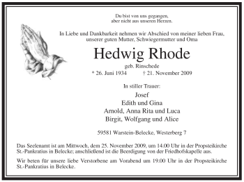 Traueranzeige von Hedwig Rhode von Tageszeitung
