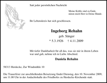 Traueranzeige von Ingeborg Rehahn von Tageszeitung