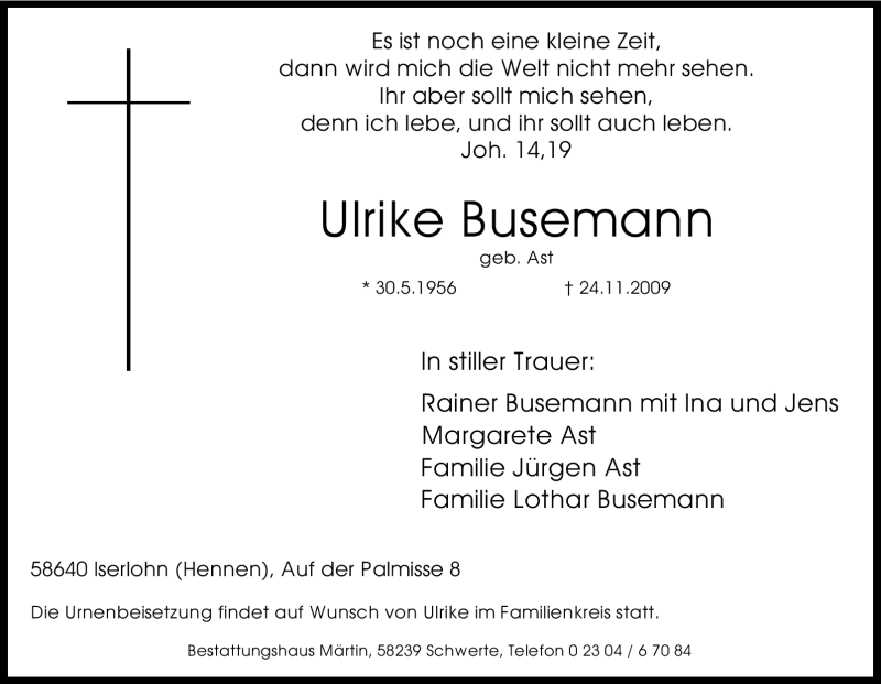  Traueranzeige für Ulrike Busemann vom 26.11.2009 aus Tageszeitung