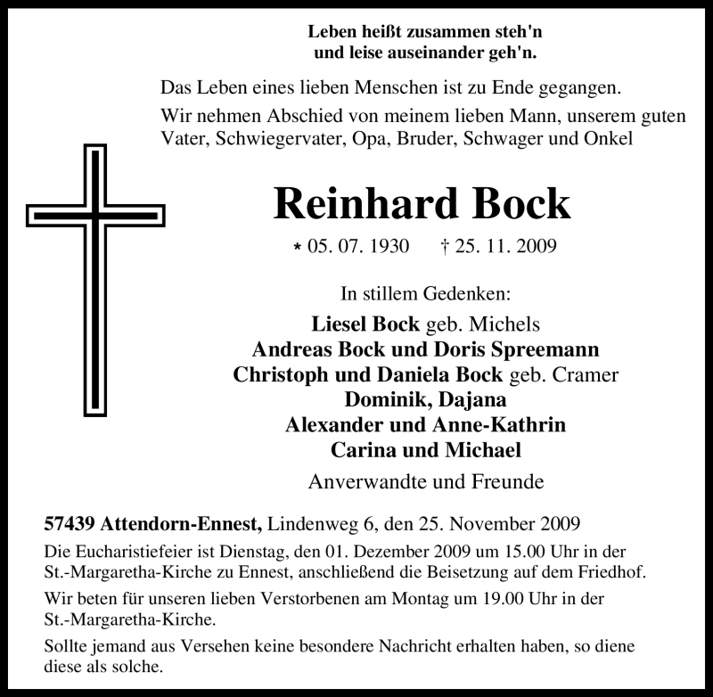  Traueranzeige für Reinhard Bock vom 27.11.2009 aus WESTDEUTSCHE ALLGEMEINE ZEITUNG