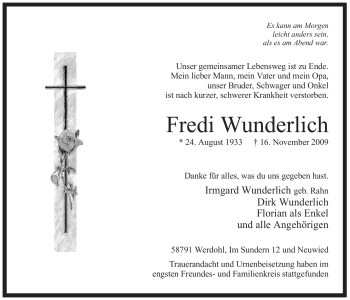 Traueranzeige von Fredi Wunderlich von Tageszeitung