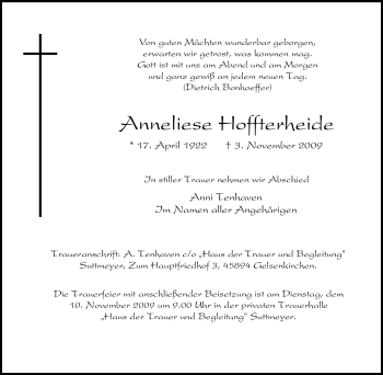 Traueranzeige von Anneliese Hoffterheide von Tageszeitung