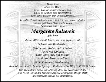 Traueranzeige von Margarete Balzereit von Tageszeitung