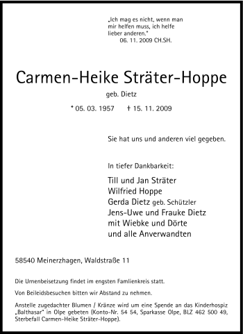 Traueranzeige von Carmen-Heike Sträter-Hoppe von Tageszeitung