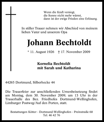 Traueranzeige von Johann Bechtoldt von Tageszeitung