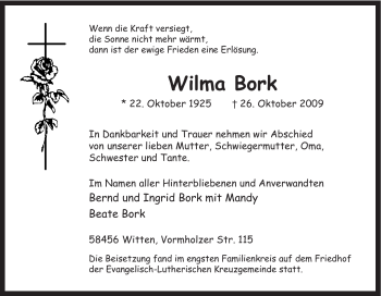 Traueranzeige von Wilma Bork von Tageszeitung