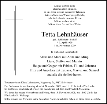 Traueranzeige von Tetta Lehnhäuser von Tageszeitung