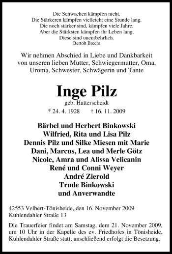 Traueranzeige von Inge Pilz von Tageszeitung