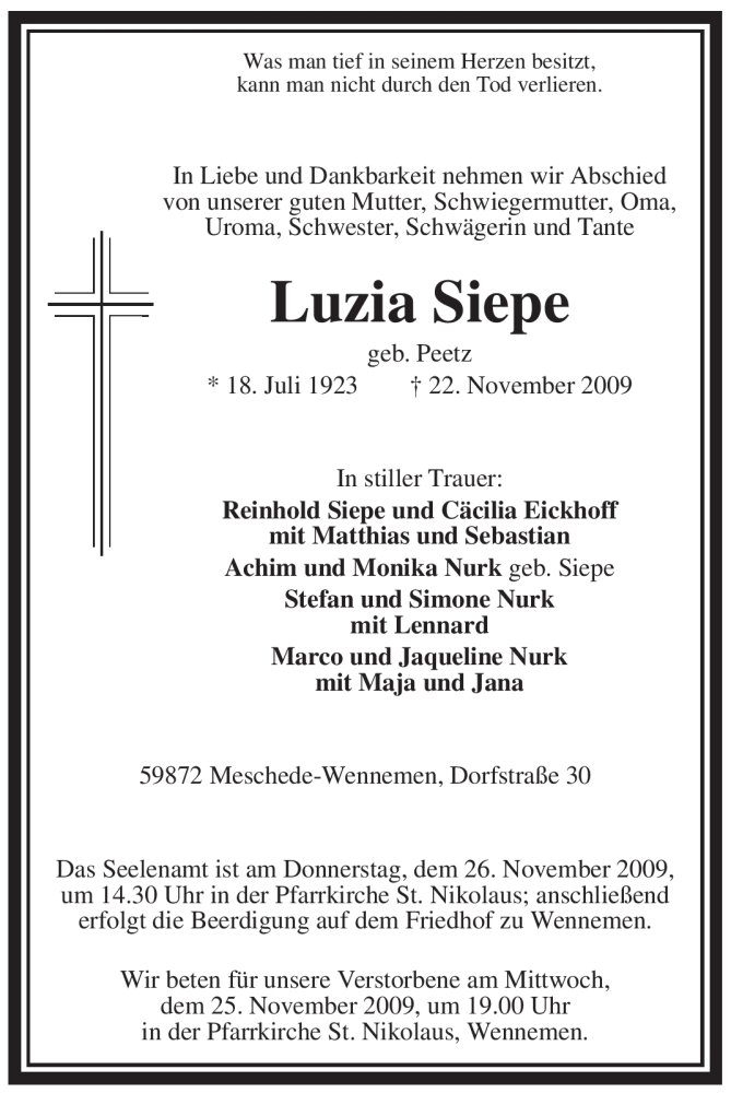  Traueranzeige für Luzia Siepe vom 24.11.2009 aus Tageszeitung