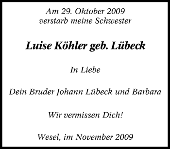 Traueranzeige von Luise Köhler von Tageszeitung