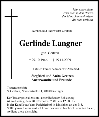 Traueranzeige von Gerlinde Langner von Tageszeitung