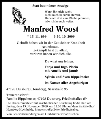 Traueranzeige von Manfred Woost von Tageszeitung