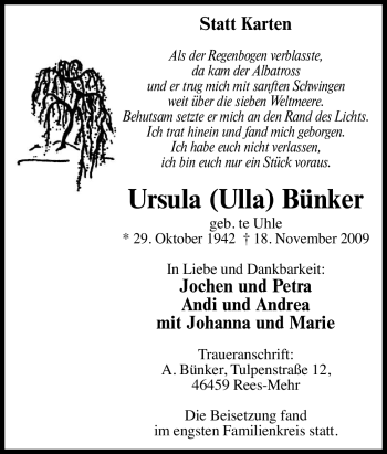 Traueranzeige von Ursula Bünker von Tageszeitung