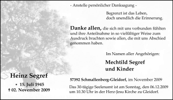 Traueranzeige von Heinz Segref von Tageszeitung