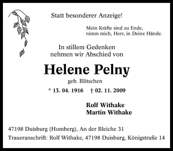 Traueranzeige von Helene Pelny von Tageszeitung