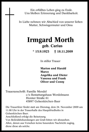 Traueranzeige von Irmgard Morth von Tageszeitung
