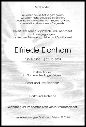 Traueranzeige von Elfriede Eichhorn von Tageszeitung