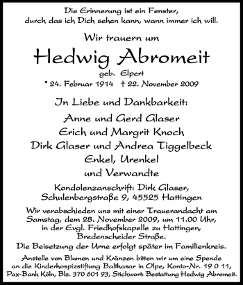 Traueranzeige von Hedwig Abromeit von Tageszeitung
