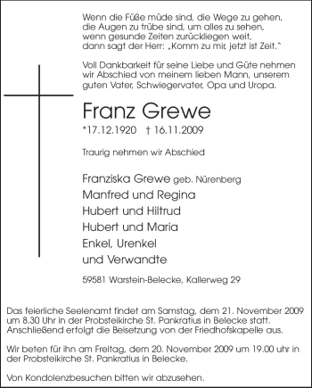 Traueranzeige von Franz Grewe von Tageszeitung