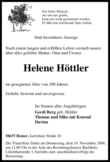 Traueranzeige von Helene Höttler von Tageszeitung