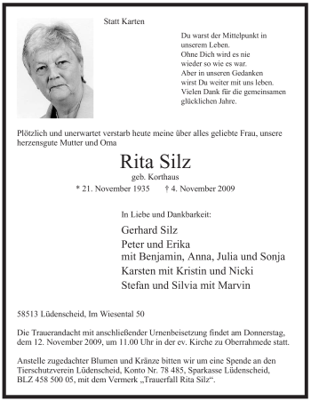 Traueranzeige von Rita Silz von Tageszeitung