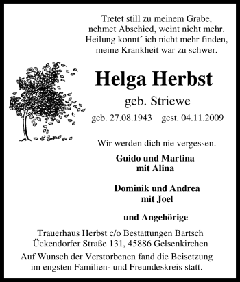 Traueranzeige von Helga Herbst von Tageszeitung