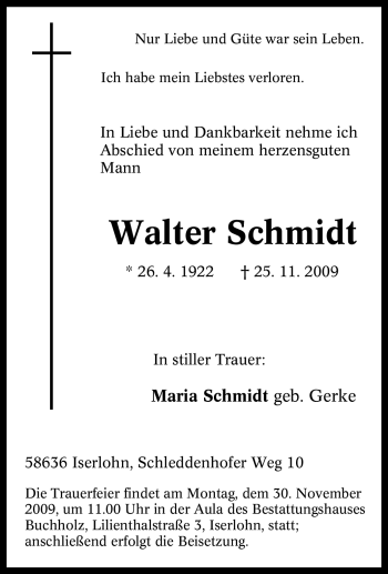 Traueranzeige von Walter Schmidt von Tageszeitung