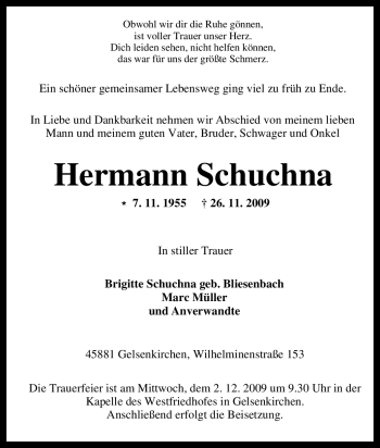 Traueranzeige von Hermann Schuchna von Tageszeitung