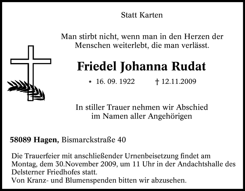  Traueranzeige für Friedel Johanna Rudat vom 26.11.2009 aus Tageszeitung