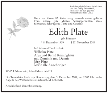 Traueranzeige von Edith Plate von Tageszeitung