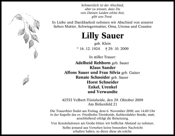Traueranzeige von Lilly Sauer von Tageszeitung