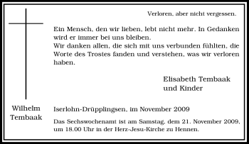 Traueranzeige von Wilhelm Tembaak von Tageszeitung