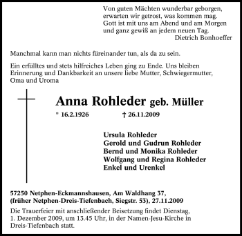 Traueranzeige von Anna Rohleder von Tageszeitung