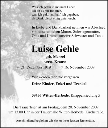 Traueranzeige von Luise Gehle von Tageszeitung
