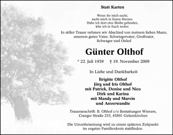Traueranzeige von Günter Olthof von Tageszeitung