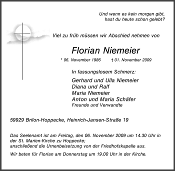 Traueranzeige von Florian Niemeier von Tageszeitung