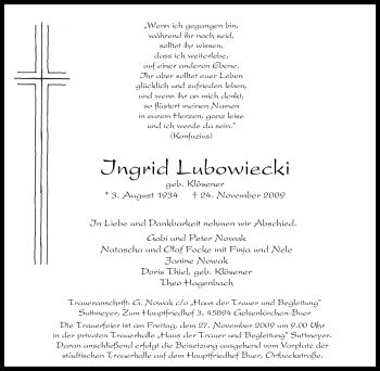 Traueranzeige von Ingrid Lubowiecki von Tageszeitung