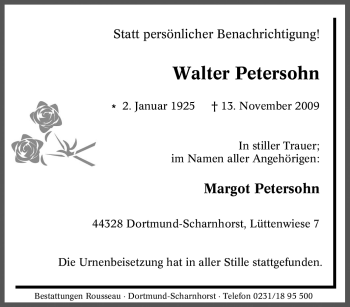 Traueranzeige von Walter Petersohn von Tageszeitung