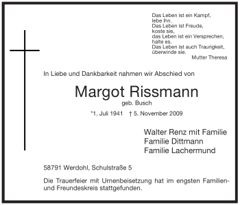 Traueranzeige von Margot Rissmann von Tageszeitung