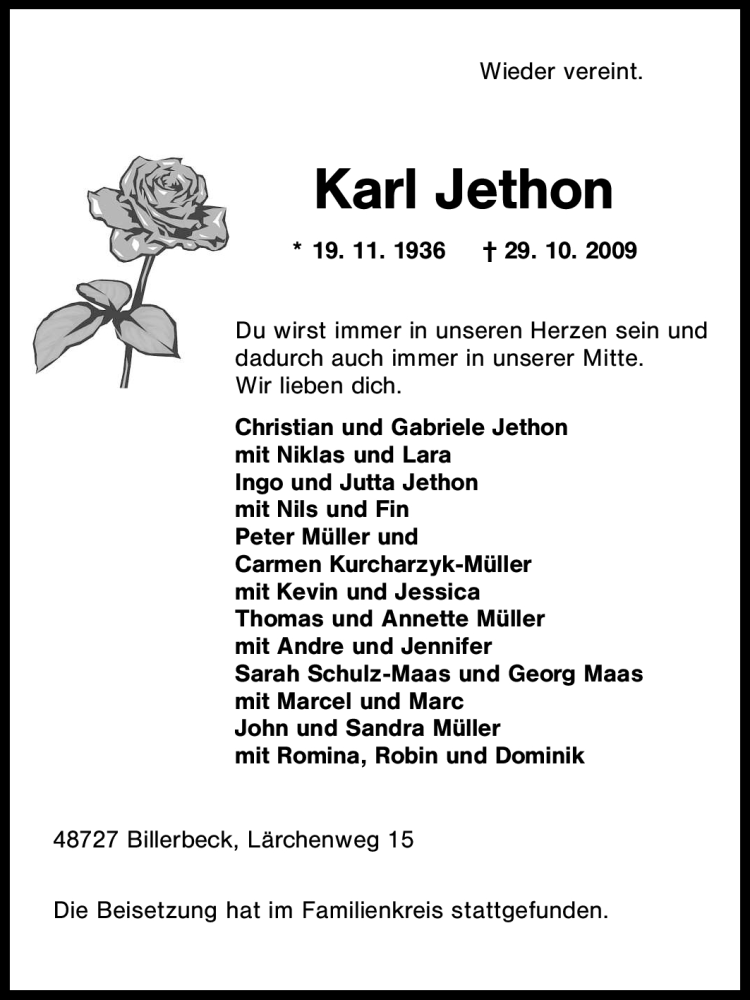  Traueranzeige für Karl Jethon vom 07.11.2009 aus Tageszeitung