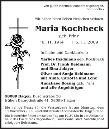 Traueranzeige von Maria Kochbeck von Tageszeitung