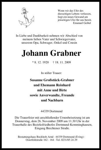Traueranzeige von Johann Grabner von Tageszeitung