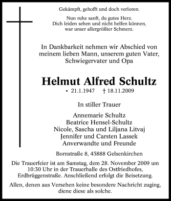 Traueranzeige von Helmut Alfred Schultz von Tageszeitung